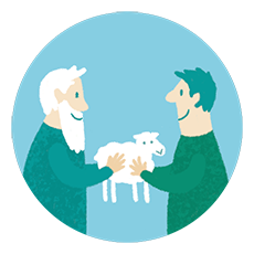 Illustration alter Mensch übergibt jungem Menschen ein Schaf